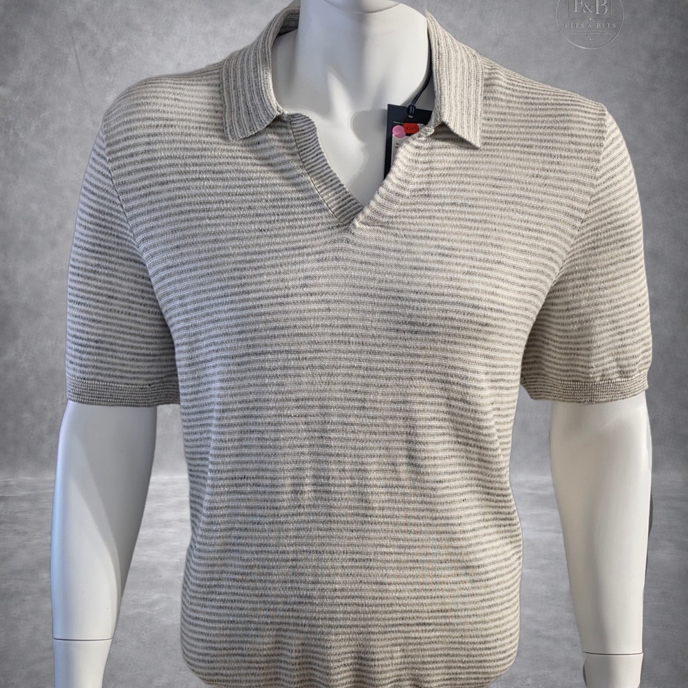 Faherty Mens Short Sleeve Linen Sweater Polo Ivory Steel Feeder Stripe XL NEW